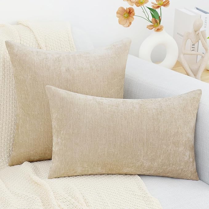 decorUhome Chenille Beige Spring Throw Pillow Covers 16x16 Inch Set of 2, Decorative Soft Couch Pillow Covers Solid Dyed Accent Farmhouse Neutral Square Pillow Cases for Sofa