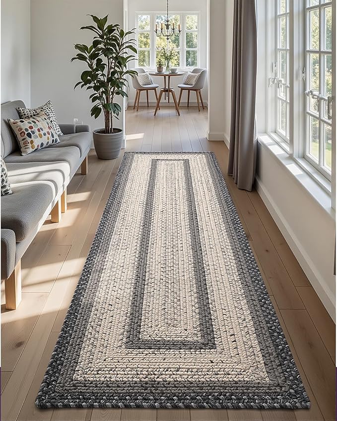 DEXI Woven Hallway Runner Rug, 2x7 Rustic Braided Vintage Carpets, Non Slip Indoor Outdoor Farmhouse Floor Rugs for Entryway, Kitchen, Laundry Room, Black/Ivory