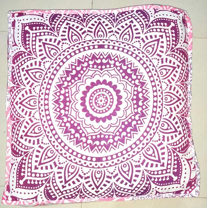 INDIAN CRAFT CASTLE 24" Pink Ombre Mandala Barmeri Large Floor Pillow Cover Cushion Meditation Seating Ottoman Throw Cover Hippie Decorative Zipped Bohemian Pouf Ottoman Pom Pom Cases 24" Square