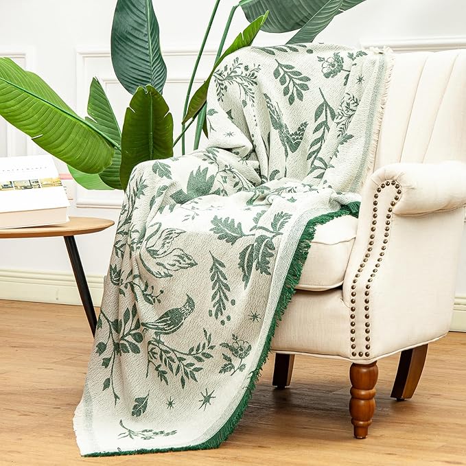 LALIFIT Boho Chic Decorative Throw Blanket Vintage Woodland Floral Bird Design with Tassels Soft Cotton Lightweight & Cozy for Home, Couch, Sofa, Farmhouse 50x60 Inches (Forest Green)