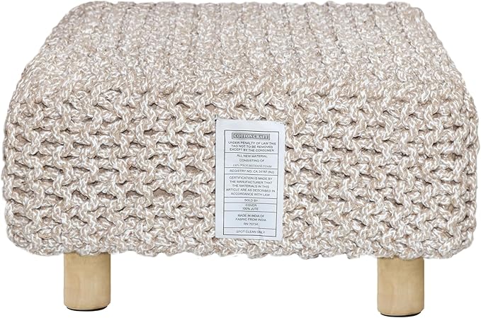 COTTON CRAFT Tweed Braided Footrest - Handknitted Dori Foot Stool with Sturdy Wood Legs – Boho Leg Rest - Small Spaces Under Desk Living Room Entryway Low Footstool Pouf -16.5x12x9.5- Ivory Natural