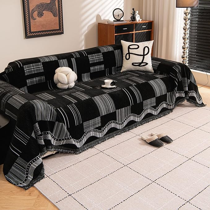 ROOMLIFE Black Couch Cover Sofa Covers, Chenille Couches Covers for 3 Cushion Sofas, Non Slip Soft Breathable Sofa Slipcovers for Pet, Washable Furniture Protector with Tassel,71''X134”