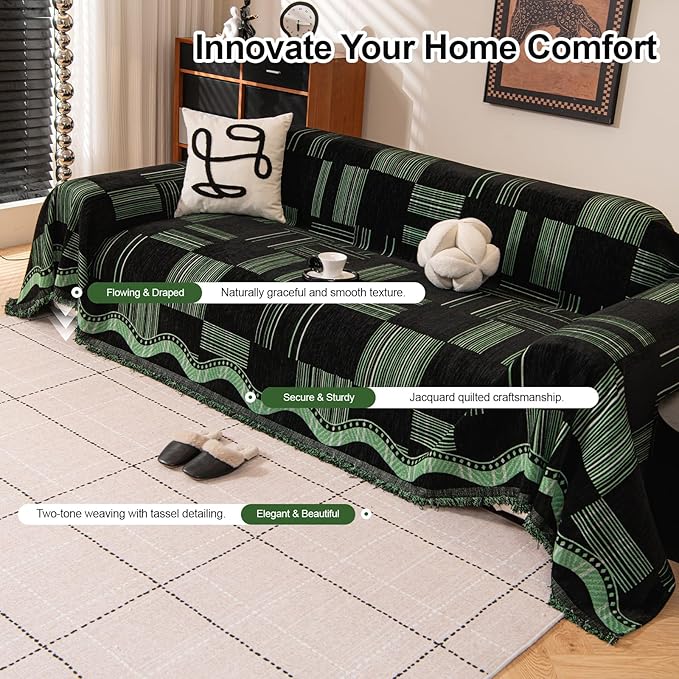 ROOMLIFE Ink Green Sofa Cover, Vintage Boho Couch Cover for 3 Cushion Sofa, Non Slip Chenille Sofa Slipcovers for Dog, Washable Furniture Sofa Protector Cover with Tassel for Living Room, 71''X118”