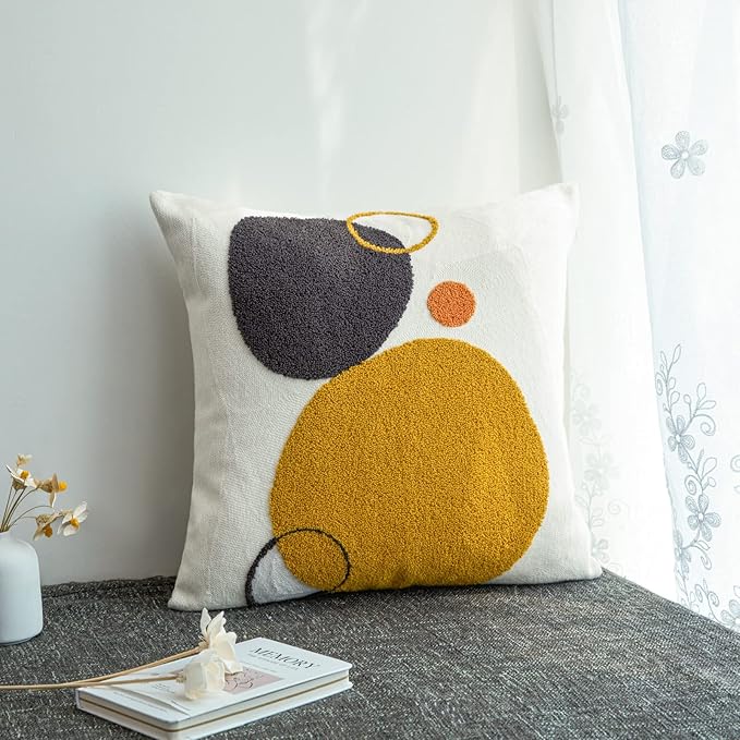 Boho Geo Decorative Throw Pillow Cover, Decorative Colored Pillowcase for Couch Sofa Bed Stylish Decor, Simple Cotton Textured Cushion Sham, Square 18 inches, 1PC(Yellow Mustard Orange)