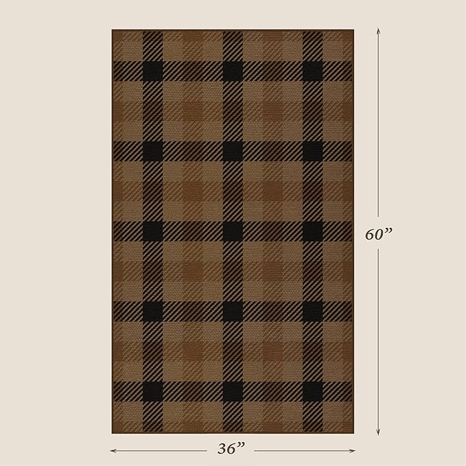 Easy Jute Brown Checkered 3x5 Entryway Rugs - Dark Plaid Rug Indoor Door Mats for Entrance, Front Porch, Outdoor Balcony, Kitchen Floor, Washable Non Slip Earthy Rustic Neutral Décor