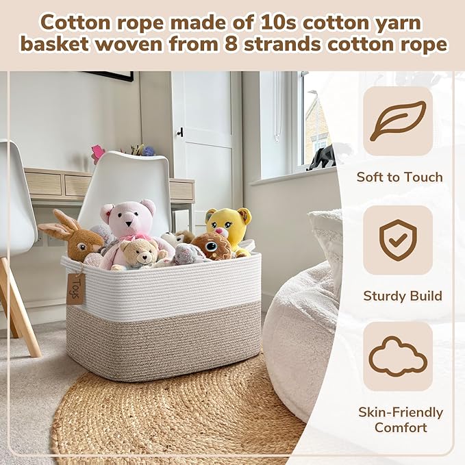 Goodpick Woven Storage Basket, 22”x17”x12” Large Blanket Storage for Living Room, Rope Baskets for Organizing, Rectangle Nursery Toy Box With Handles, Brown and White