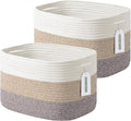 Cotton Rope Storage Basket, 15x10x9 Inches, Woven Basket for Shelves, Clothes, Towels, Books, and Laundry, White Brown (2 Pack)