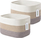 Cotton Rope Storage Basket, 15x10x9 Inches, Woven Basket for Shelves, Clothes, Towels, Books, and Laundry, White Brown (2 Pack)