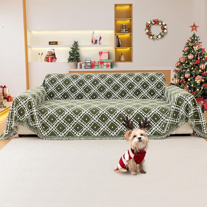 Reversible Couch Cover Blanket, Christmas Couch Cover, Chenille Sofa Cover Blanket, Christmas Sofa Covers Washable, 71"×118" Couch Covers for Recliner & Chair (1PC, Green, 2-3 Seater Sofas)