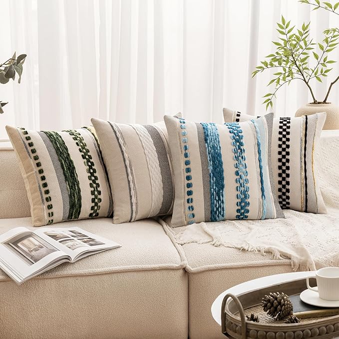 ANRODUO Pack of 2 Boho Decorative Throw Pillow Covers 18x18 Farmhouse Cushion Case Striped Chenille Pillow Cases Square Pillow Covers Accent Neutral Pillowcase for Sofa Couch Bed, White Stripe