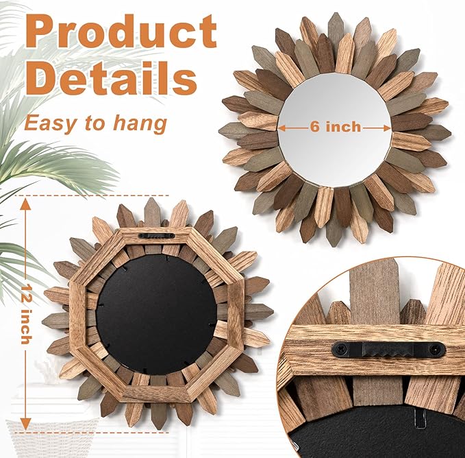 Emfogo Wall Mirror 12 inch Rustic Wood Sunburst Boho Mirror Farmhouse Wall Decor Room Decor Home Decor for Bedroom Living Room Entryway (Tri-Color)