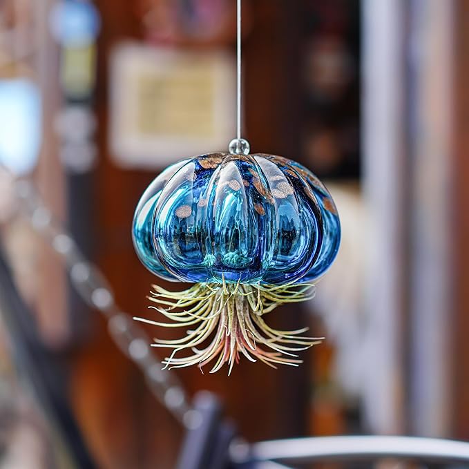 H&D HYALINE & DORA Blown Glass Jellyfish Hanging Air Planter, Cute Blue Jellyfish Air Plant Holder Gifts for Women Room Garden Wedding Party Decor (No Plants)