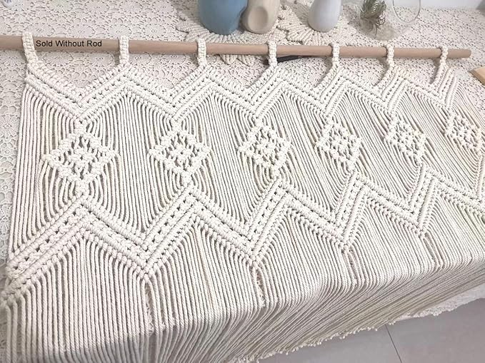 Macrame Doorway Curtains Wall Hanging Window Curtain Panels Closet Room Divider Boho Wedding Decor Backdrop Macrame Valance Boho Kitchen Valance (Ivory White, 33.4''W x 35.4''H)