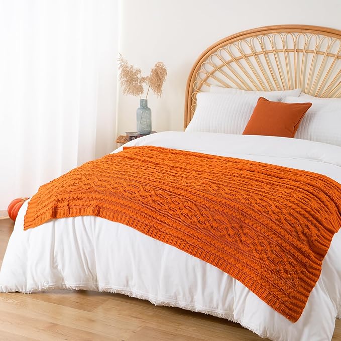 Battilo Burnt Orange Throw Blanket for Couch, 51" x 67", Soft Warm Cozy Chenille Knit Blanket Boho Halloween Blanket Fall Decor, Fall Throw Blanket for Bed, Sofa, Living Room