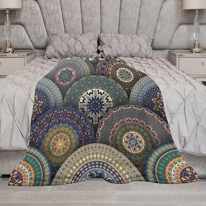 Indian Bohemian Throw Blanket Mandala Design Colorful Boho Floral Pattern Paisley Blanket for Sofa Bed Couch Chair Or Dorm 70"x80"