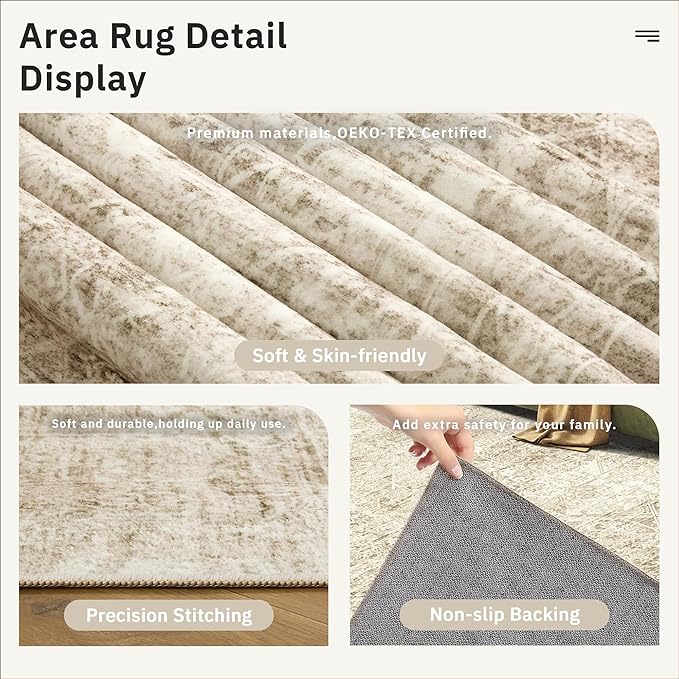 Washable Area Rug 8x10, Large Soft Rugs for Living Room Vintage 8x10 Area Rugs for Bedroom Dining Room Floral Non-Slip Thin Brown