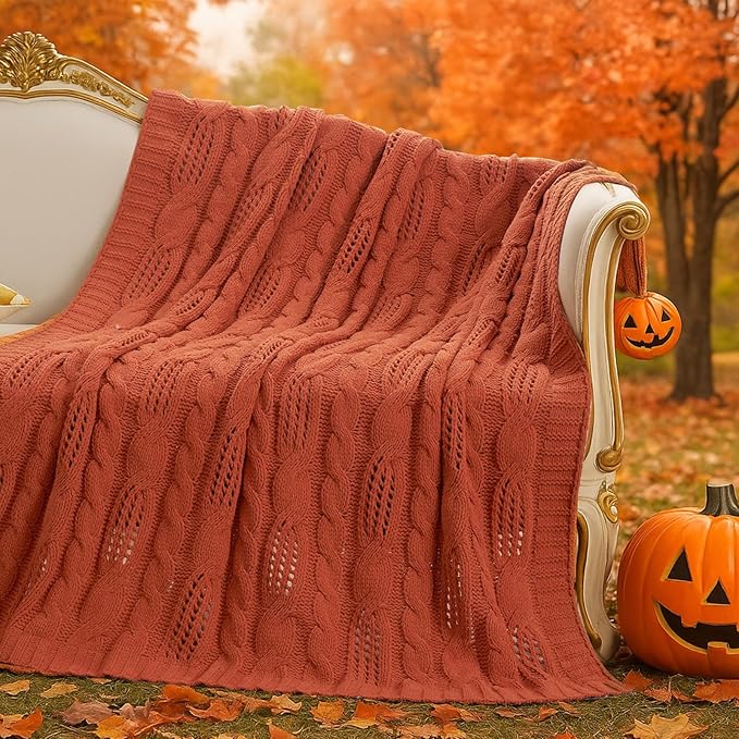 Amélie Home Chunky Knit Throw Blanket, Dual-Sided Soft Chenille Breathable Cable Knitted Blanket for Couch, Farmhouse Decorative Throw for Sofa & Chair, 60"x80", Burnt Orange