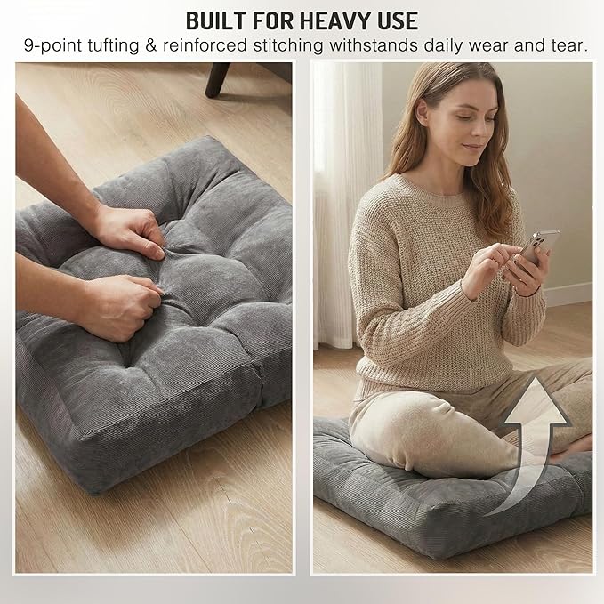 Meditation Floor Pillow Set of 2, Square Large Pillows Seating for Adults, Tufted Corduroy Cushion for Tatami Living Room, Grey, 22x22 Inch