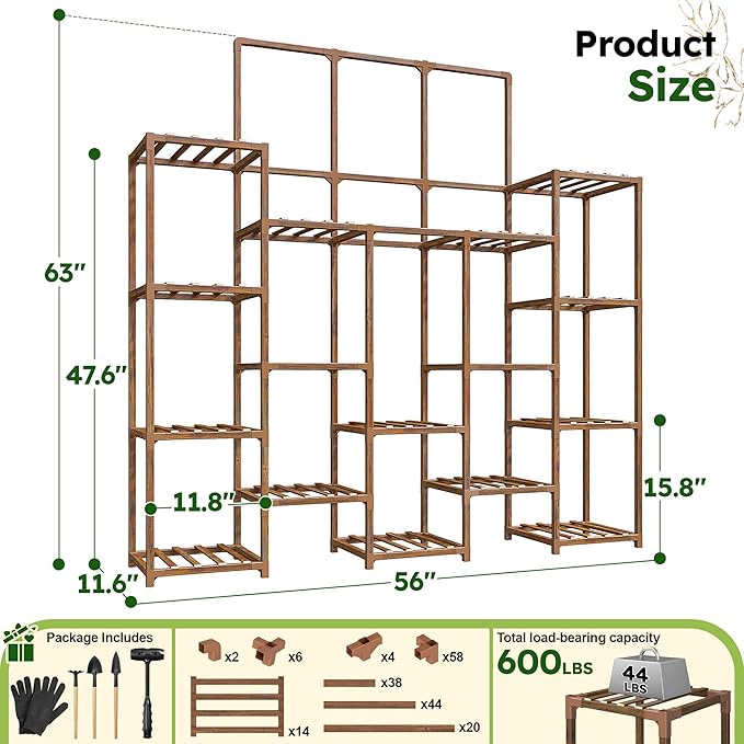 EnHomee Tall Plant Stand, 14 Tiers Indoor Plant Stand for Multiple Plants Pot, Wood Plants Shelves for Living Room, Patio, Balcony, Yard, Garden, 11.8''D×56''W×63''H