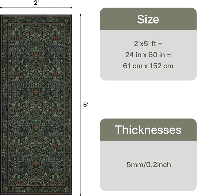 GENIMO Washable Floral Runner Rug 2x5, Non-Slip Long Hallway Carpet for Entryway, Kitchen, Indoor Floor Use, Vintage Boho Soft Thin Rug Décor, Dark Green