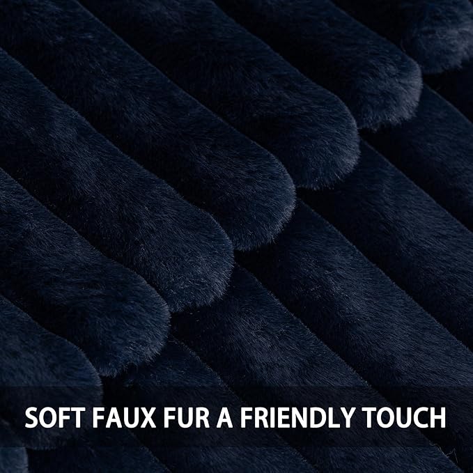 Pack of 2 Faux Fur Fall Throw Pillow Covers 12x20 Inch, Soft Plush Striped Neutral Couch Pillow Cover, with Velvet Back Modern Home Decor for Sofa Living Room Couch Bed Dark Blue