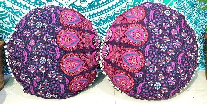 CRAFT KALA Mandala Floor Pillow Cushion Cover Seating Throw Cover Hippie Decorative Bohemian Ottoman Pouf Pom Pom Pillow Cases Boho Indian Cotton Living Room Home Décor 24" Round Set Of 2, Pink Mirchi
