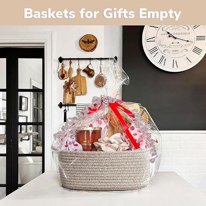 CHICVITA Storage Basket for Gifts, Small Gift Basket for Nursery Toy Organizer, Decorative Cotton Rope Baskets with Handles for Shelves, Closet, 13 x 9.8 x 5 inches, Brown