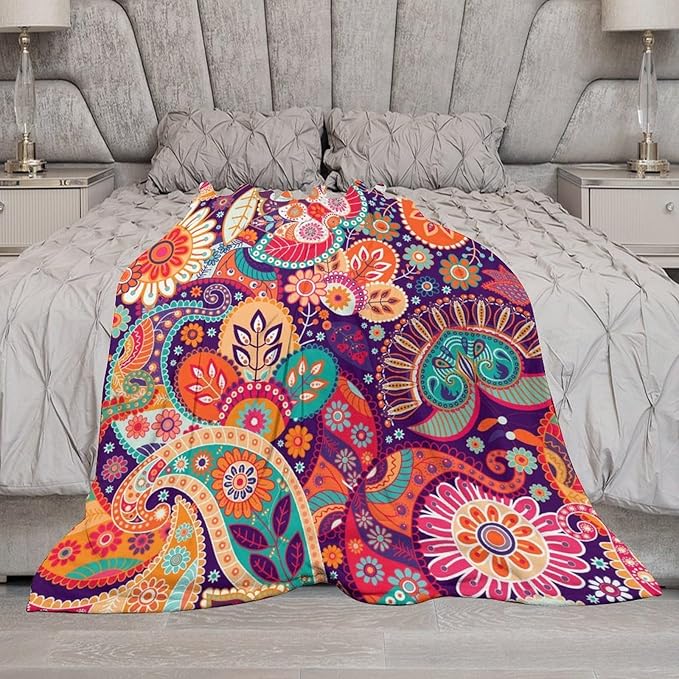 Boho Paisley Floral Throw Blanket Mandala Indian Bohemian Colorful Flowers Blanket for Sofa Bed Couch Chair Or Dorm 50"x60"