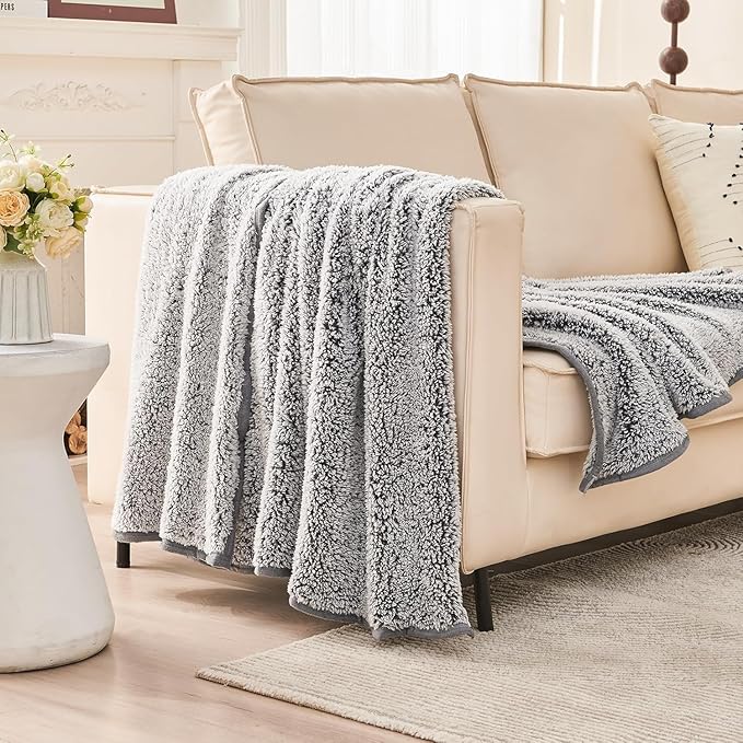 EMME Soft Sherpa Fleece Blanket Reversible Plush Fluffy Large Blanket, Light Weight Warm Decorative Boho Blanket Cover for Sofa, Couch, Bedroom,Travel(Plush Grey,108"x90")