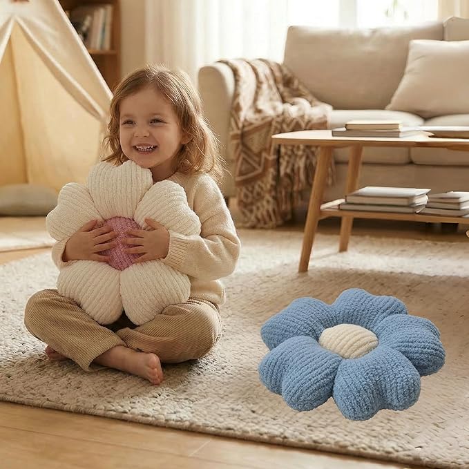 2 Pcs Blue Decorative Throw Pillows, 15'' Cute Daisy Flower Shaped Pillow Floor Seating Cushion for Bed Couch Bedroom Room Dorm Decor (Blue & Ivory)