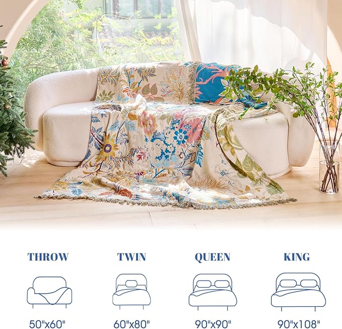 MSGKV Boho Throw Blanket for Bed Cotton 60"x80" Floral Blanket Twin Size Couch All Seasons Muslin Spring Breathable Lightweight Farmhouse Blankets