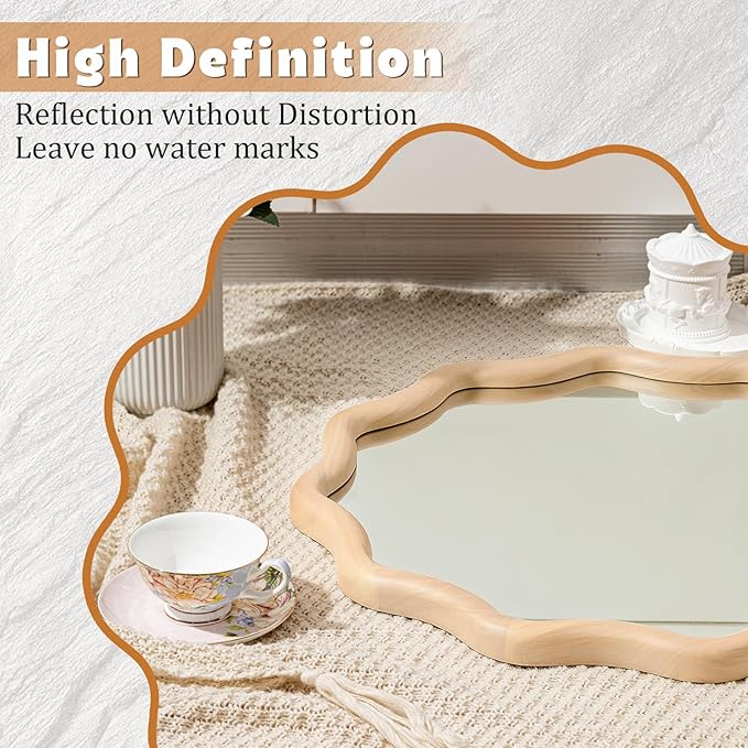 Wooden Bathroom Round Circle Mirror for Wall, Boho Wavy with Tempered Glass, Natural Frame Vanity Mirror Hanging/Leaning for Bedroom, Living Room, Entryway, Farmhouse(24 Inch,Scalloped)