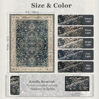 Large Vintage Area Rugs 9x12 for Living Room, Dark Distressed Medallion Printed Big Carpet Rugs for Bedroom, Washable Non Slip Low Pile Thin Rugs for Dining Room, Midnight/Multi