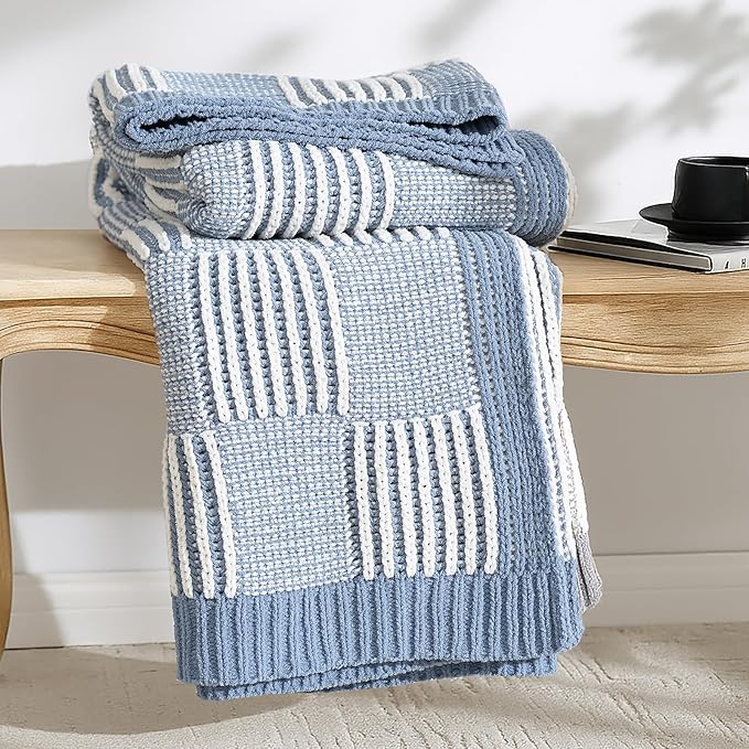 Amélie Home Checkered Knit Throw Blanket for Couch, Chenille Texture Decorative Soft Blanket for Sofa & Chair, 60"x80", Blue & Ivory