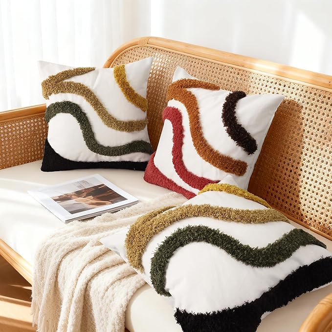 Boho Throw Pillow Covers 18x18 Inch Set of 1, Tufted Abstract Decorative Pillow Cover Mid Century Modern Pillow Cases Bohemian Cushion for Couch Sofa Bed Living Room Home Decor, Green-Brown