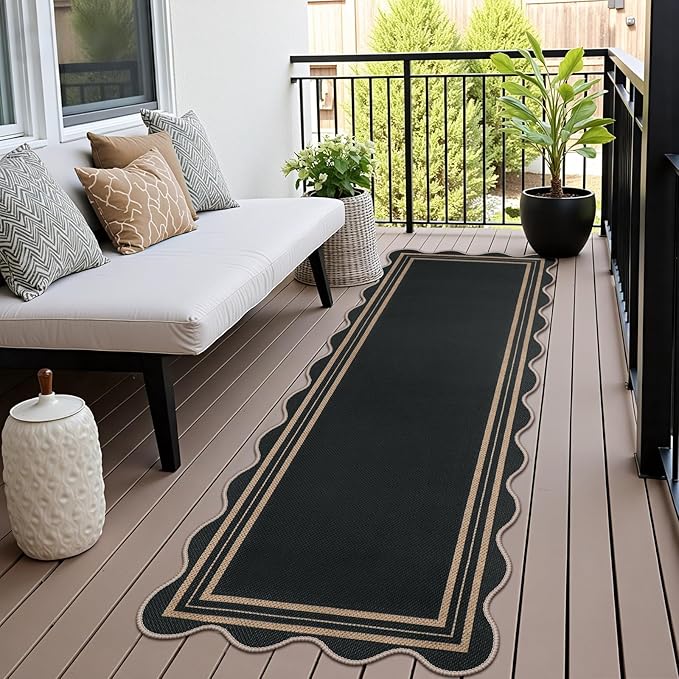 Scalloped Easy Jute Hallway Runner Rug, 2.6x8 Kitchen Non Slip Runner Washable Outdoor Indoor Long Rug, Farmhouse Morden Carpet for Porch Bedroom Laundry