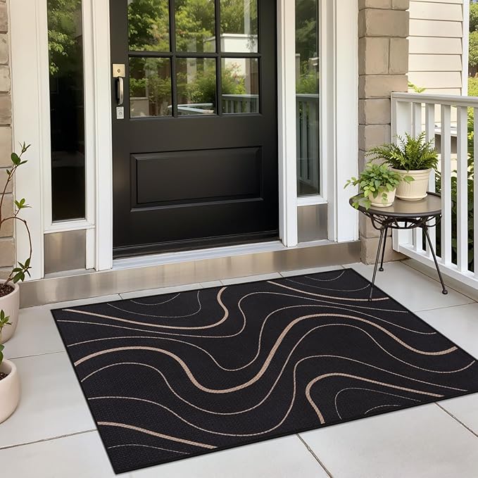 Tangsoo Easy Jute 2x3 Outdoor Rug for Entry,Washable Thin Rug Non-Slip Black Lines Neutral Indoor Mat Farmhouse Small Throw Carpet for Kitchen Bedroom Front Porch Doorway Entryway
