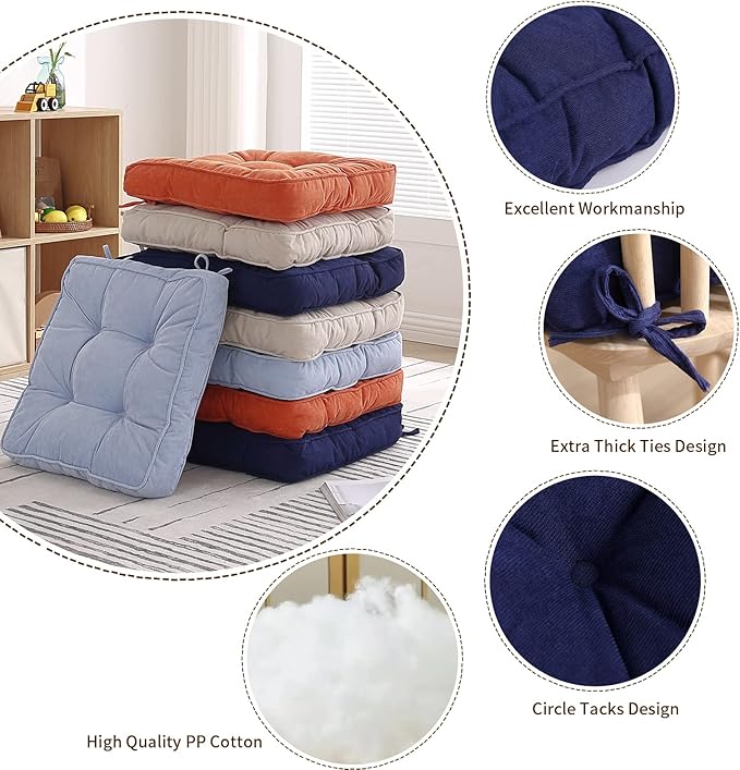 Tiita Chair Pads Cushions 18x18 Inch, Square Floor Pillows Pad for Patio Outdoor Furniture, Kitchen Dining Chairs with Ties Set of 2, Navy Blue