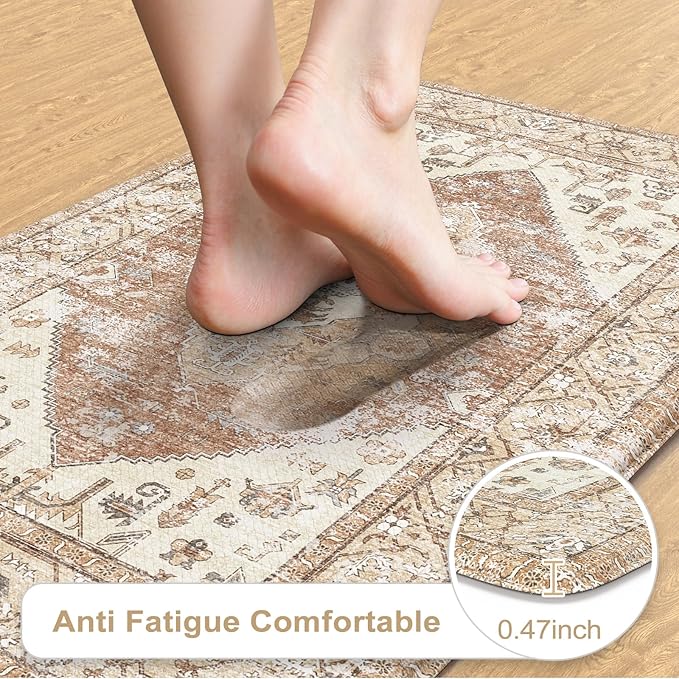KIMODE Anti Fatigue Kitchen Mats Cushioned, Boho Oriental Kitchen Runner Rug 20"x71", Non Slip Waterproof Kitchen Mat for Floor, Comfort Foam Standing Desk Mat for Laundry Office Sink Khaki