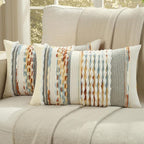 FUTEI Rust Blue Yellow Accent Throw Pillow Covers Set of 2, 12x20 Inch Plush Tufted Striped Textured Decorative Pillow Cases for Farmhouse Boho Couch Decor