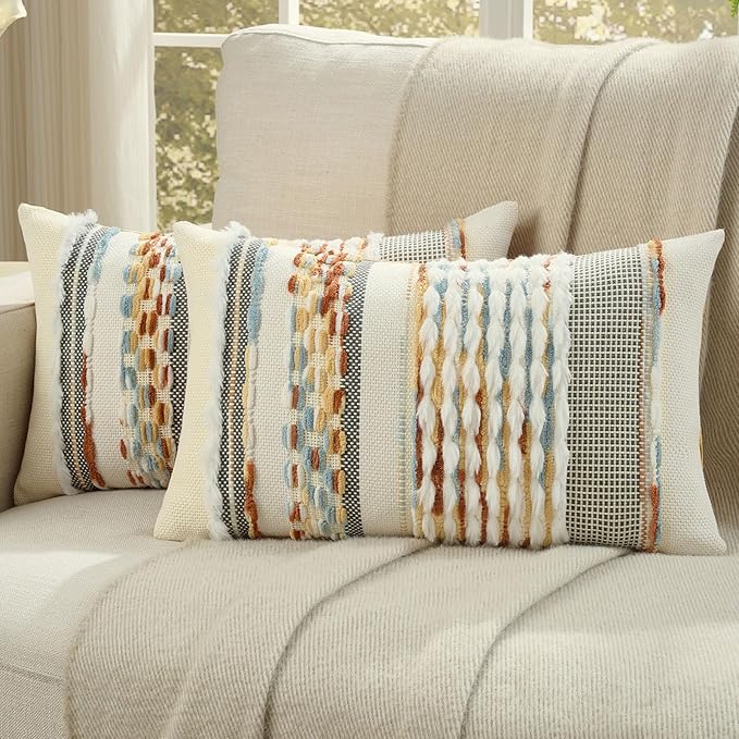 FUTEI Rust Blue Yellow Accent Throw Pillow Covers Set of 2, 12x20 Inch Plush Tufted Striped Textured Decorative Pillow Cases for Farmhouse Boho Couch Decor
