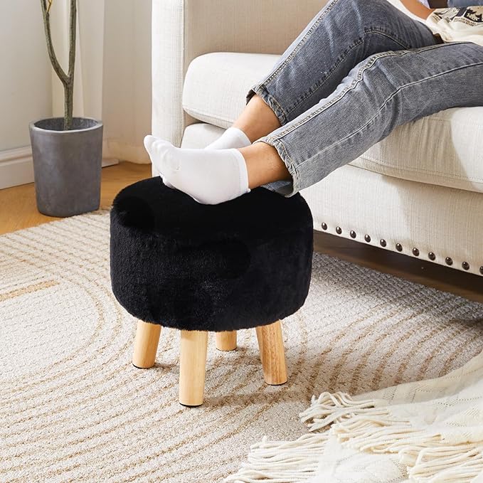 YMYNY Round Pouf Ottoman Small Foot Stool Faux Fur Foot Rest for Couch Modern Boho Footstools with Wood Legs for for Living Room Bedroom Office,12.6" D×12.6" W×12.6" H Black UHBD035B