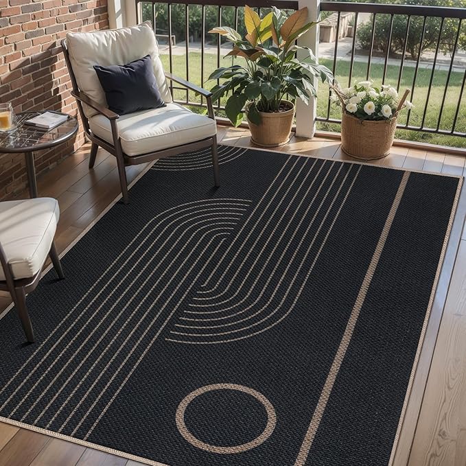Tangsoo Geometric Line 3x5 Easy Jute Rug for Living Room,Washable Ultra Thin Area Rug Non-Slip Black Outdoor Mat,Boho Rainbow Front Door Carpet for Front Porch Entryway Bedroom Patio