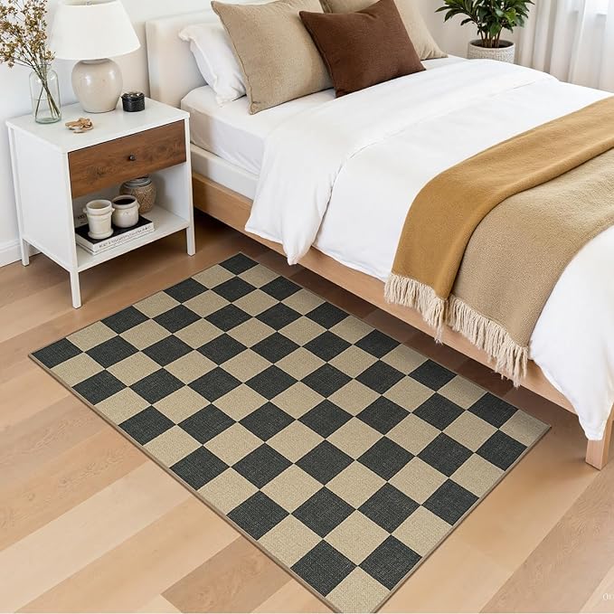 Lessymo Checkered Easy Jute Entryway Rug, 3x5 Washable Area Rugs for Living Room Outdoor Patio, Non Slip Farmhouse Carpet Indoor Door Mat for Entry Front Door Guestroom Deck, Diamond Black/Beige