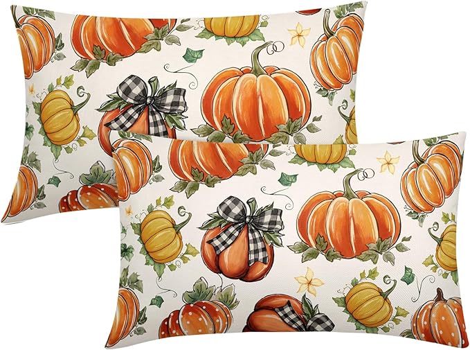 Kawani Fall Lumbar Pillow Covers 12X20 Inch Buffalo Plaid Polka Dot Pumpkins Leaves Decorative Pillow Cases Set of 2 Autumn Harvest Thanksgiving Farmhouse Throw Pillows for Cushion Sofa Couch Outdoor