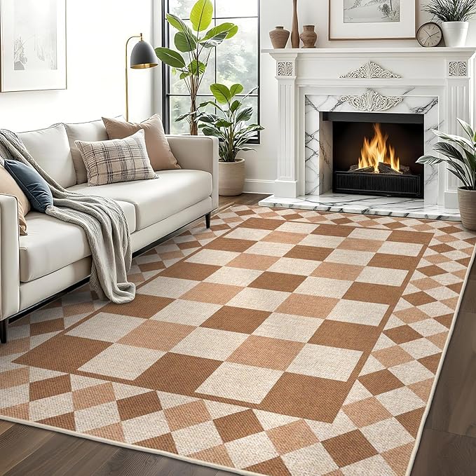 GarveeHome Washable Easy Jute Rug 9x12 Rugs for Living Room Checkered Indoor Outdoor Rug for Patio Non-Slip No Shed Jute Rugs Geometric Carpet for Farmhouse Dining Room Backyard Office, Brown