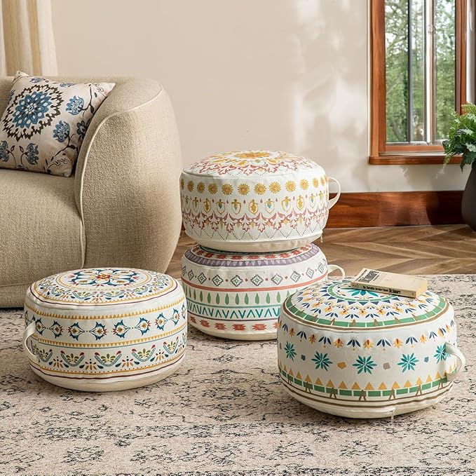 MOCOFO Round Bohemian Ottoman Pouf Cover, 18 Inch, Cotton Blend, Church Window Print, Living Room Storage Footrest, Cover Only (Pink Ink)