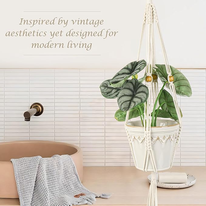BB FUN HOUSE Plant Hanger Indoor Hanging Planter Basket with Wood Beads Decorative Flower Pot Holder No Tassels for Indoor Outdoor Boho Home Decor 35 Inch (POTS NOT Included)