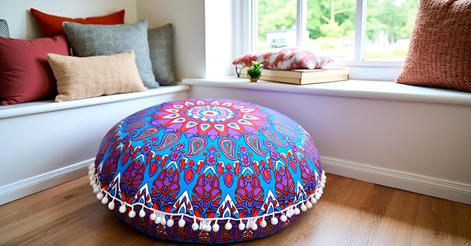 CRAFT KALA 22" Round Boho Floral Floor Pillow Cover, Purple, 22" Diameter, Cotton Fabric, Soft, Indoor Use, Washable