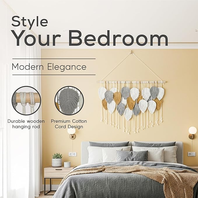 Large Macrame Wall Hanging Decor – Handmade Cotton Cord Boho Room Decor for Bedroom, Nursery, Office – 39” W x 29.5” L (Silver, Gold, White)
